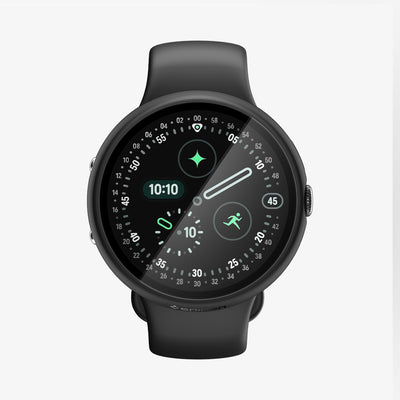 ACS11746 - Pixel Watch 5 (45mm) Thin Fit 360 Black front view showcasing the slim watch case with a built-in tempered glass screen protector for all-around coverage.