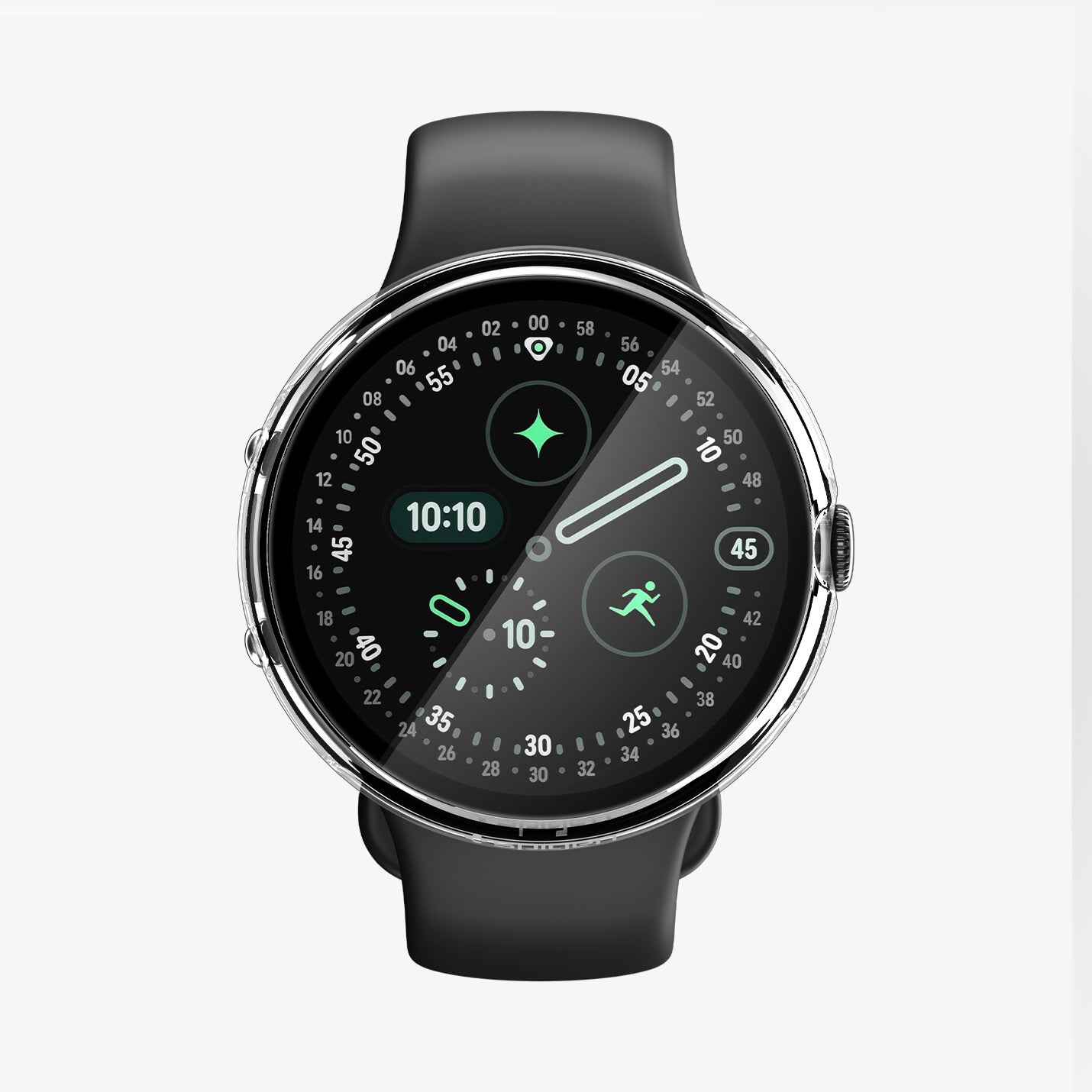 ACS11959 - Pixel Watch 5 (45mm) Thin Fit 360 Crystal Clear front view showcasing the slim watch case with a built-in tempered glass screen protector for all-around coverage.