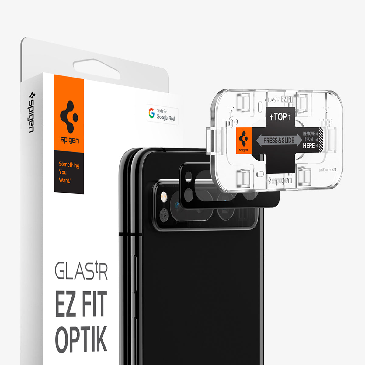 AGL06207 - Google Pixel Fold Optik EZ Fit Lens Protector showing the device, lens protector, ez fit tray and packaging
