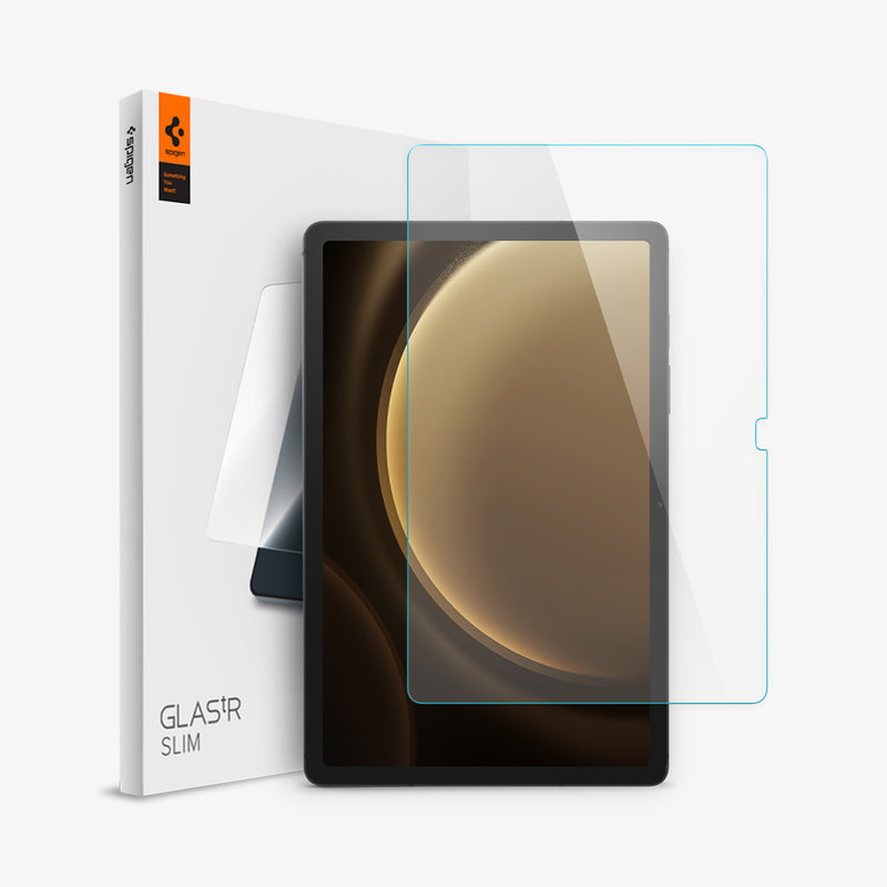 AGL07002 - Galaxy Tab S9 FE Series Screen Protector EZ FIT GLAS.tR showing the device, screen protector and packaging