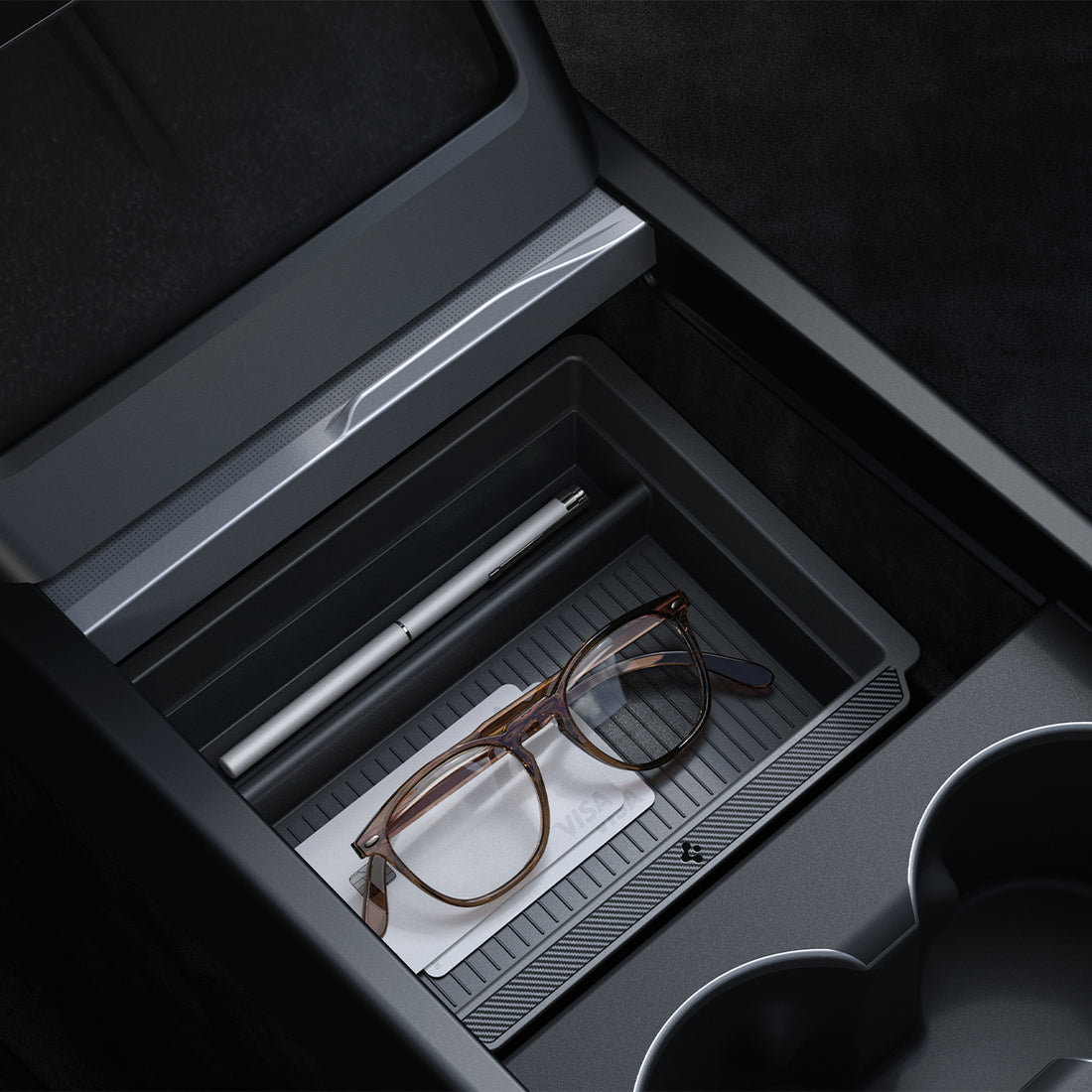 ACP07785 - Tesla Model 3 Highland Center Console Organizer Tray TO220SH in Black showing the top and inner of the tray with stuffs stored inside