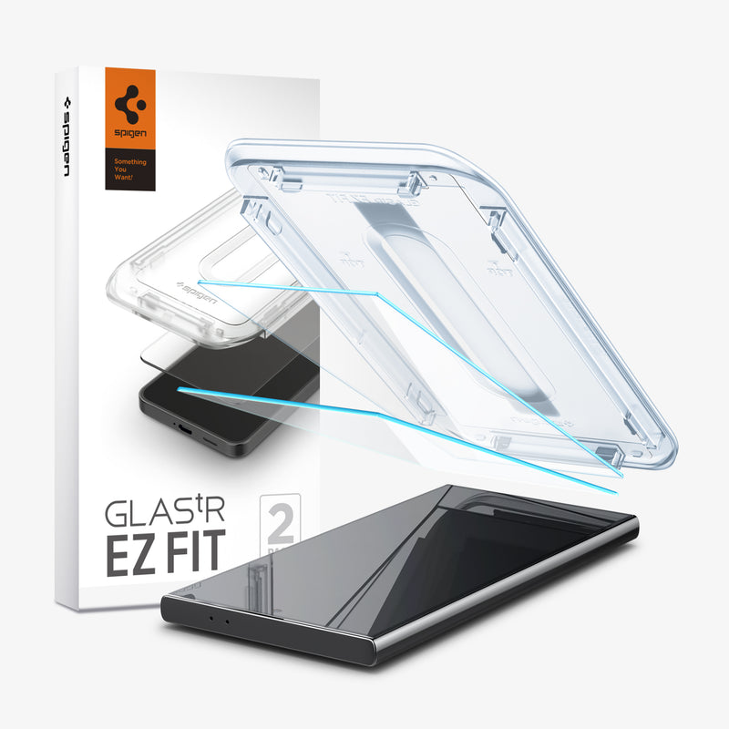 AGL07493 - Galaxy S24 Ultra GLAS.tR EZ Fit in Transparency showing the alignment tray hovering above the 2 glass screen protector and a device, beside is a packaging