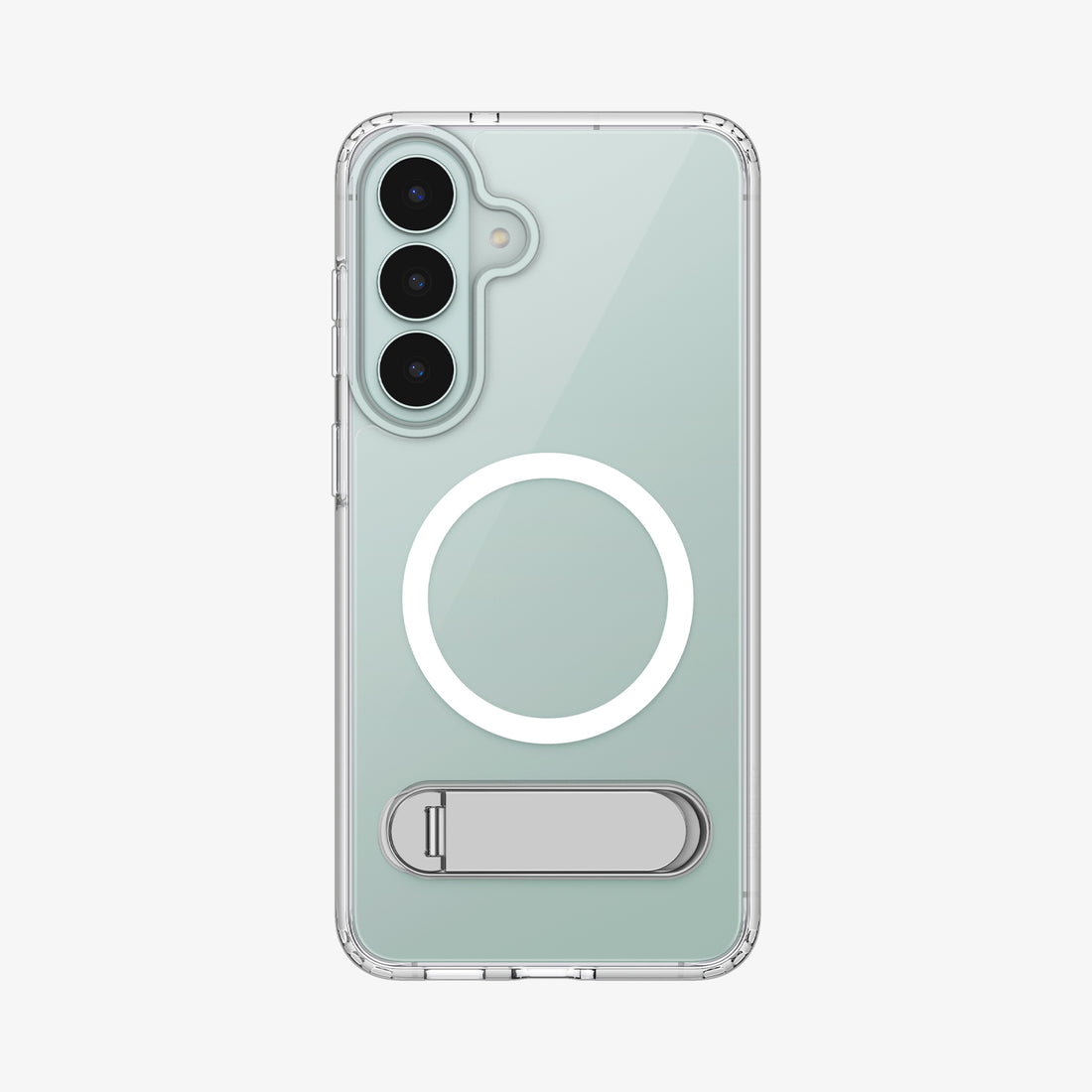 ACS11644 - Galaxy S26 FE Slim Armor Essential (Mag Fit) showing Galaxy S26 FE in a clear case with magnetic ring and built in kickstand