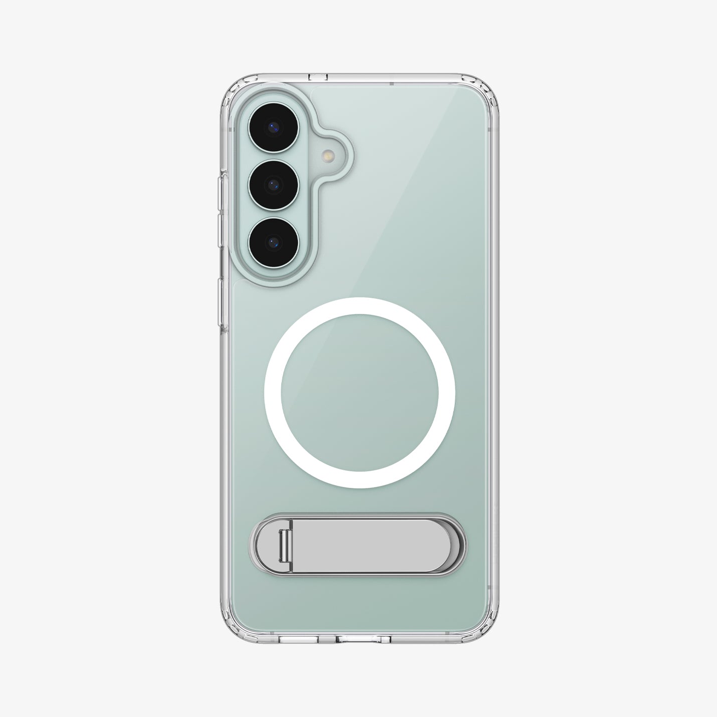 ACS11644 - Galaxy S26 FE Slim Armor Essential (Mag Fit) showing Galaxy S26 FE in a clear case with magnetic ring and built in kickstand