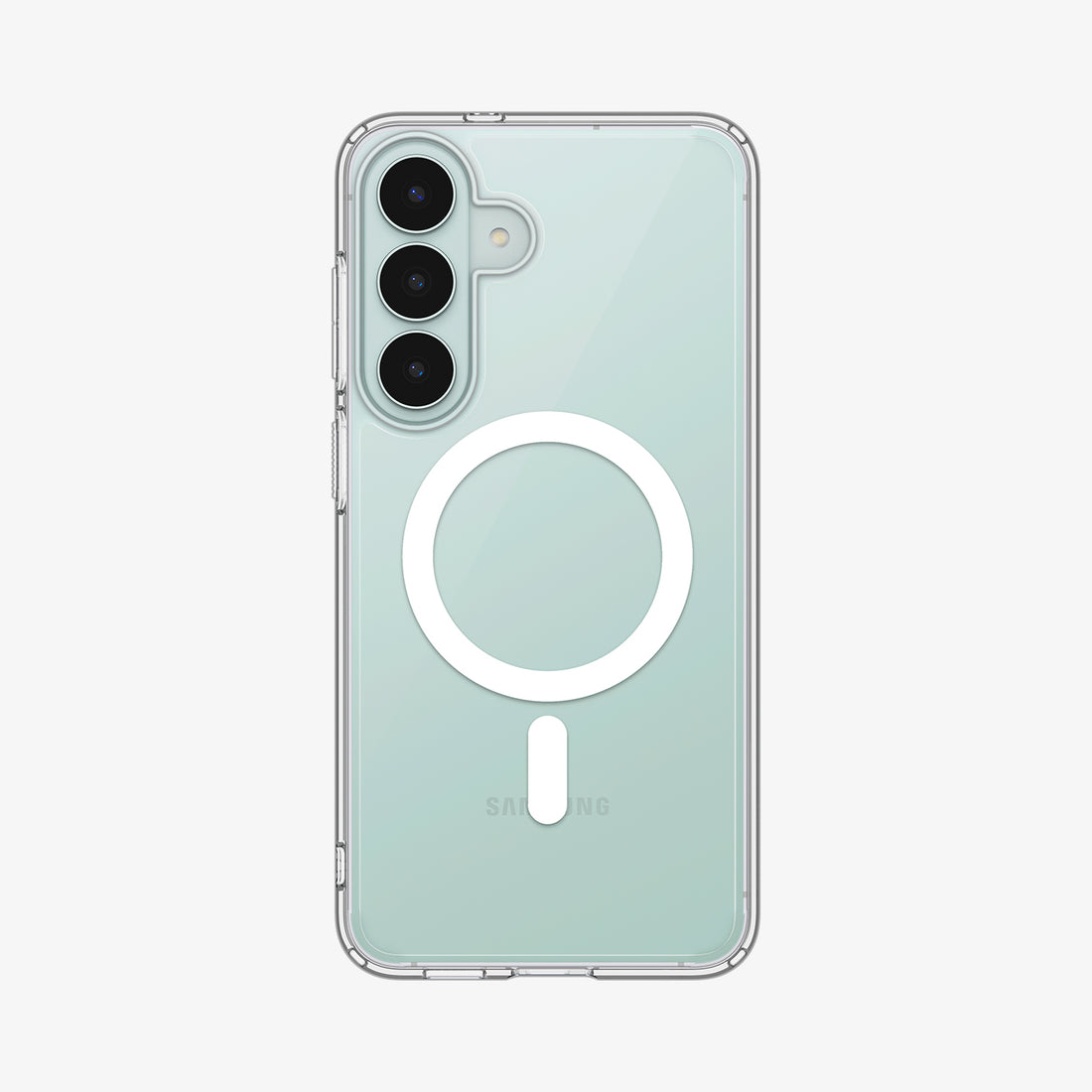 ACS11636 - Galaxy S26 FE Ultra Hybrid (Mag Fit) showing Galaxy S26 FE in a clear Ultra Hybrid Mag Fit case with magnetic ring and raised camera protection