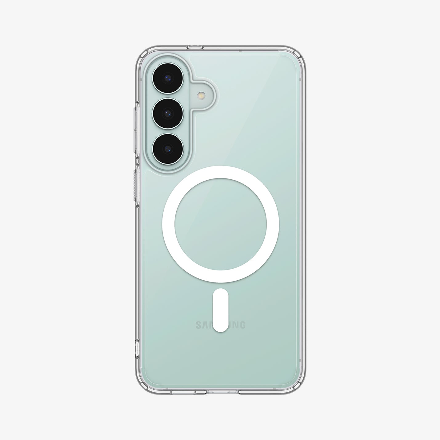ACS11636 - Galaxy S26 FE Ultra Hybrid (Mag Fit) showing Galaxy S26 FE in a clear Ultra Hybrid Mag Fit case with magnetic ring and raised camera protection