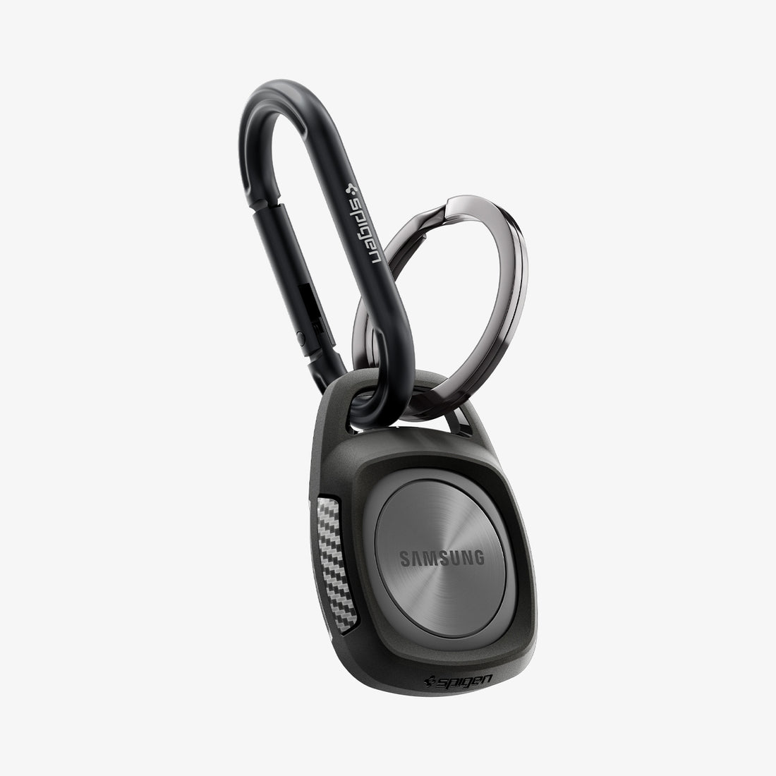ACS11871 - Galaxy SmartTag 3 Rugged Armor showing Galaxy SmartTag3 case attached to a carabiner and keyring from an angled front view.