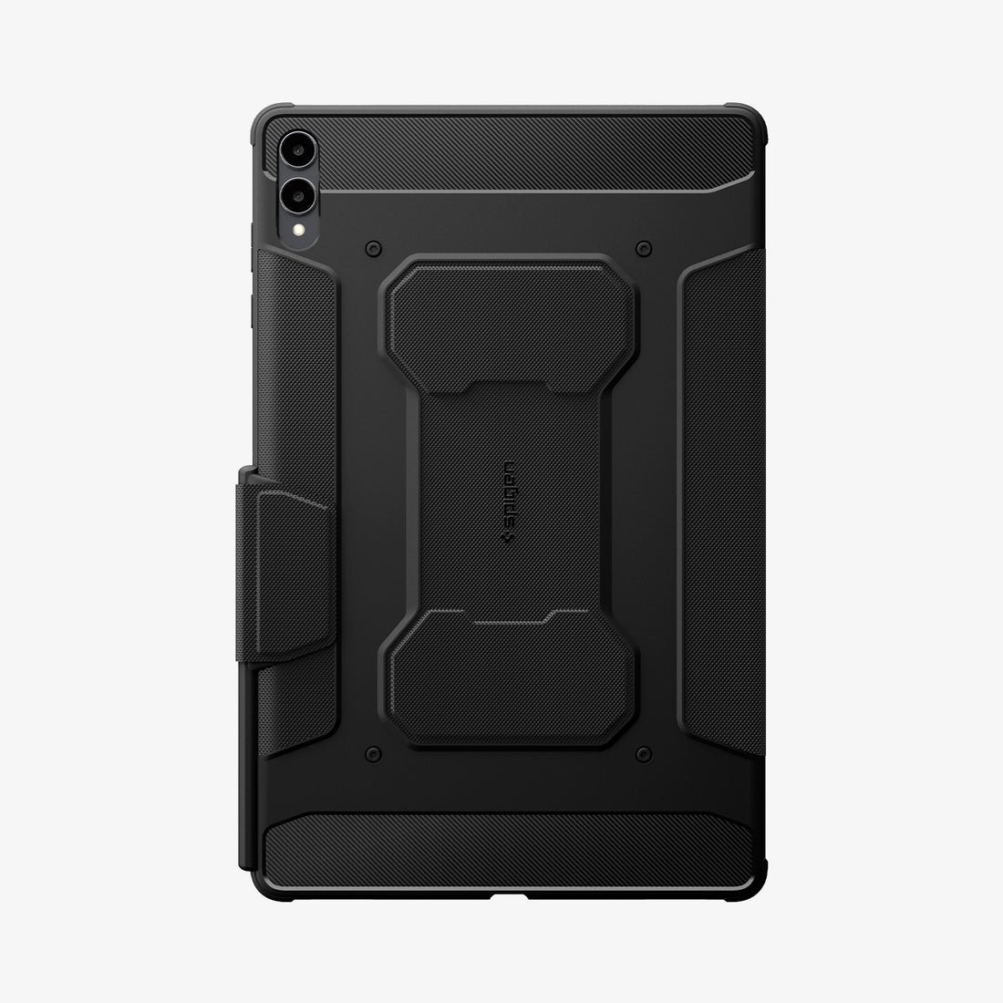 ACS10150 - Galaxy Tab S12 Ultra Rugged Armor Pro showing the back of a tablet case with textured panels, reinforced corners, a built-in stand, and pen storage.