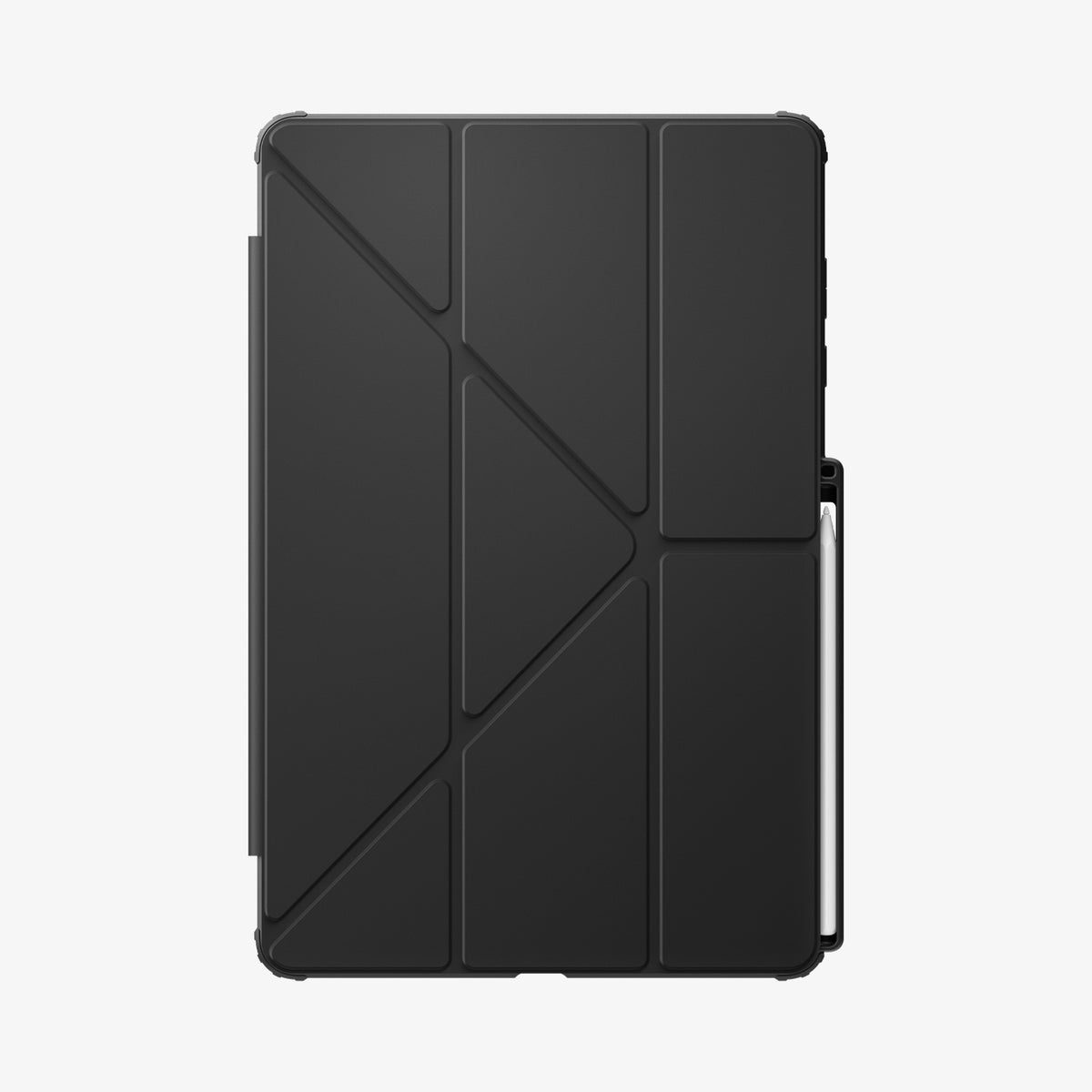 ACS11823 - Galaxy Tab S12+ Air Skin Pro in Black showing the front of a closed folio tablet case with a geometric folding cover and stylus storage along the side.