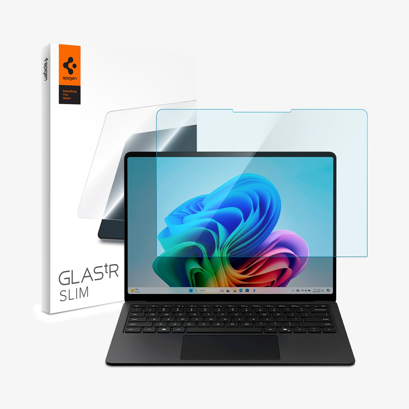AGL08632 - Microsoft Surface Laptop 13.8-inch (2024) Glas.tR SLIM showing the screen protector hovering in front of the device and the packaging
