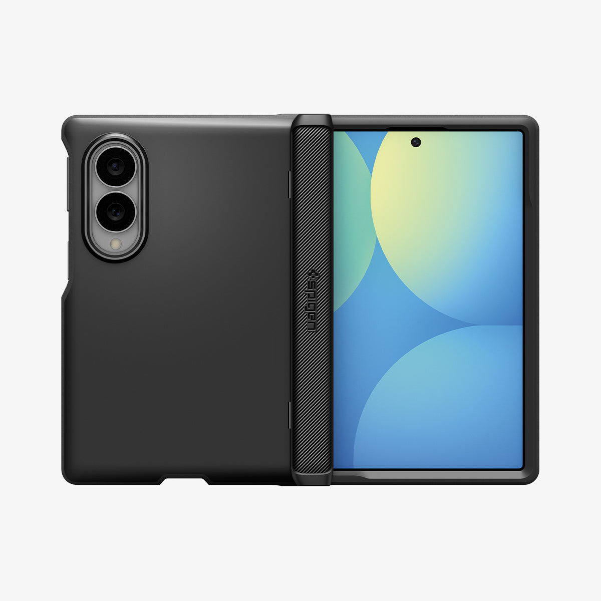 ACS11557 - Galaxy Z Fold 8 Slim Armor Pro (Mag Fit) Black showing the Galaxy Z Fold 8 with the Slim Armor Pro MagFit case in Black, back view folded open with the matte panel and dual camera cutout, screen displaying a blue and yellow gradient.