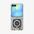 ACS11516 - Galaxy Z Flip 8 Series - Ultra Hybrid Pro Neo One (Mag Fit) showing the Ultra Hybrid Pro Neo One MagFit case on the Galaxy Z Flip 8 in Clear, front view folded on white background with a circuit board graphic print and 