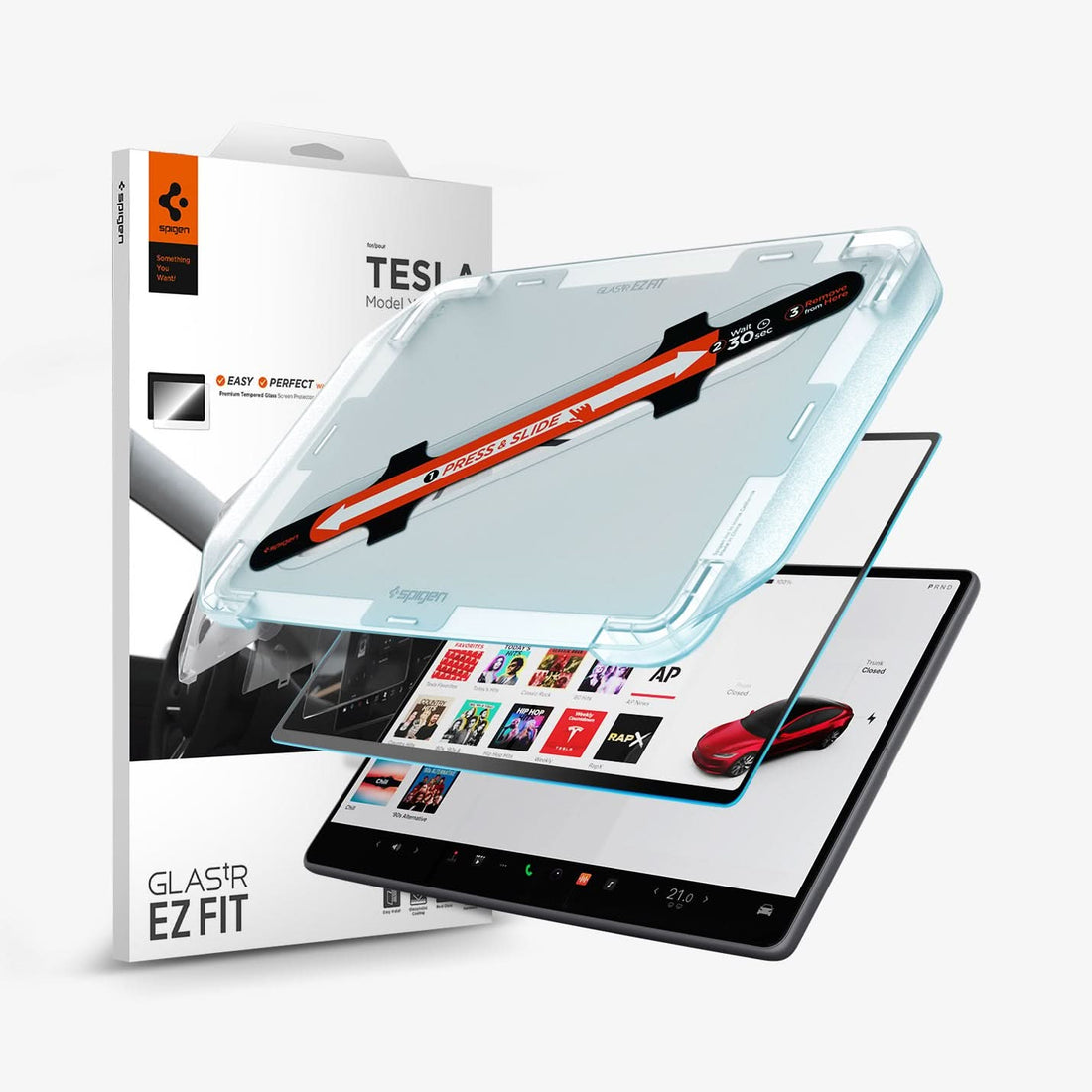 AGL07152 - Model 3 (2024-2025) Highland Screen Protector GLAS.tR EZ Fit | Anti-Glare Highland in Clear Matte showing the front installation tray hovering above the screen protector and the device with the packaging beside it