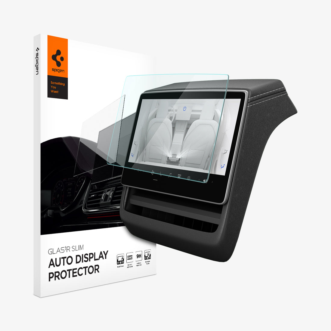 AGL10655 - Tesla Series Screen Protector  Glas.tR SLIM (Rear) showcasing the screen protector on Tesla screen with packaging