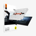 AGL07679 - Tesla Cybertruck (2024) Protector GLAS.tR EZ Fit Anti-Glare in Clear Matte showing the front of alignment tray hovering above the screen protector and the device, beside it is the packaging