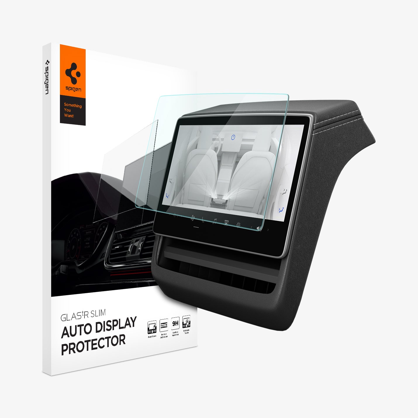 AGL07586 - Tesla Model 3 (2024) Screen Protector Glas.tR SLIM Anti-Glare (Rear) in Clear showing the front and partial side hovering in front of a screen attached to an air vent and a packaging
