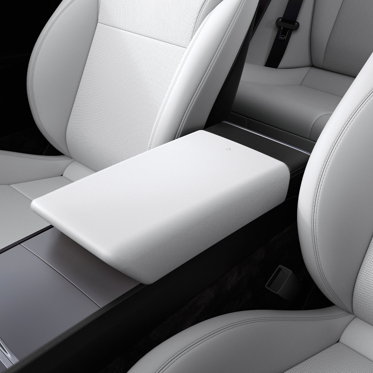 ACP12200 - Tesla Model Armrest Cover TO240H in Zen Gray showing an armrest cover installed over the center console between the front seats.