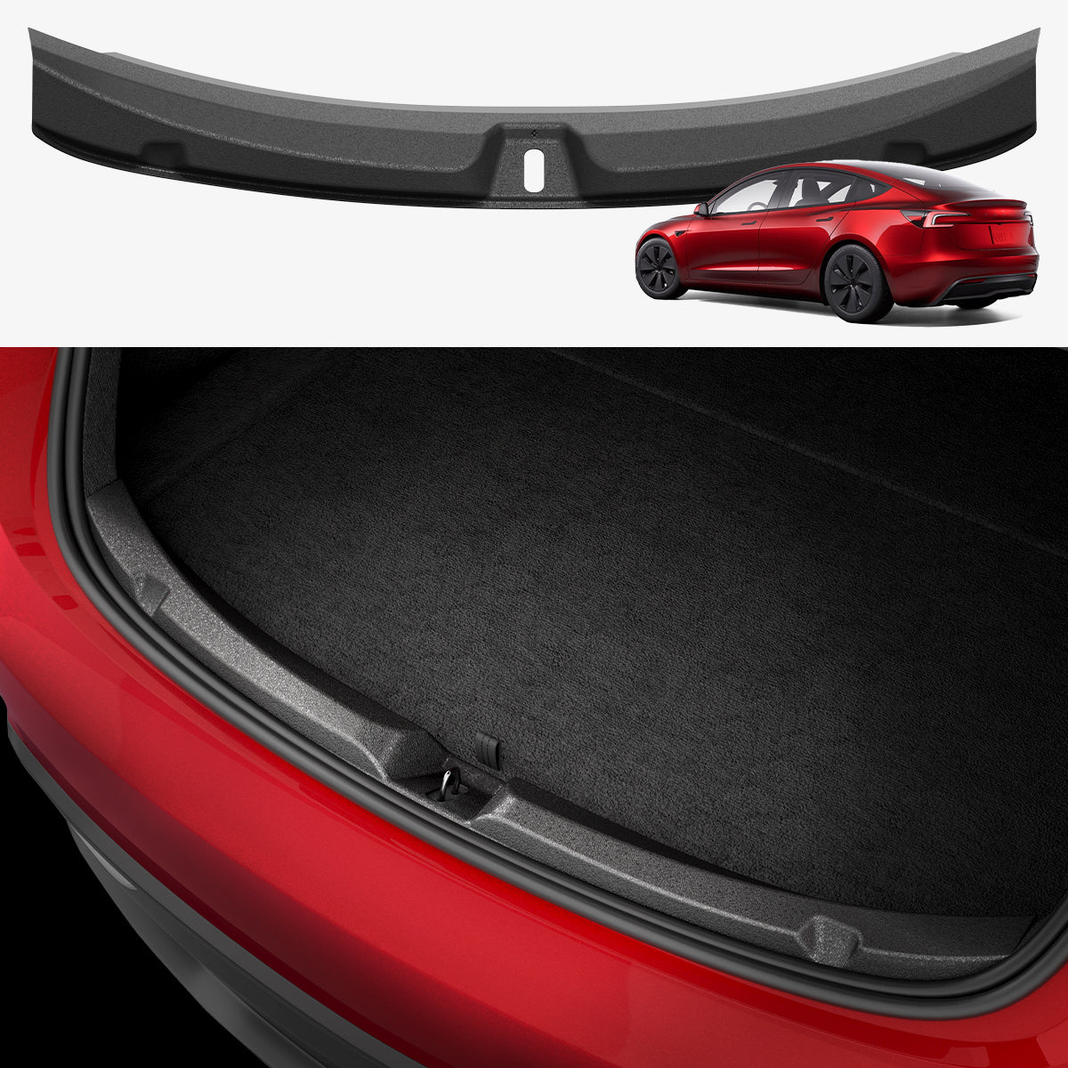 ACP11540 - Black Spigen bumper protector piece shown alone, alongside a red Tesla Model 3 and a close-up of it installed on the trunk edge