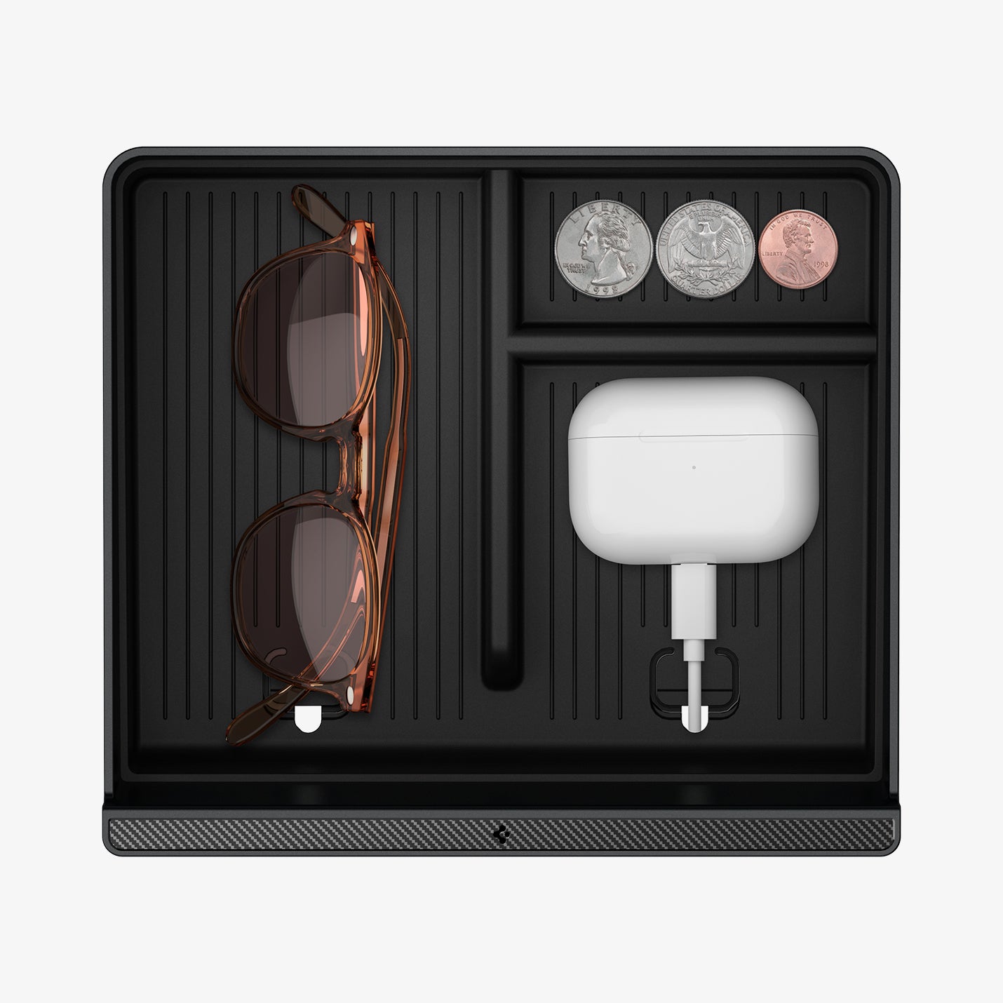 ACP07407 - Model 3 (2024-2025) Highland | Model Y (2025) Refresh Center Console Organizer Upper Tray Non Slide | TO220H showing the inside of an organizer with stuffs inside