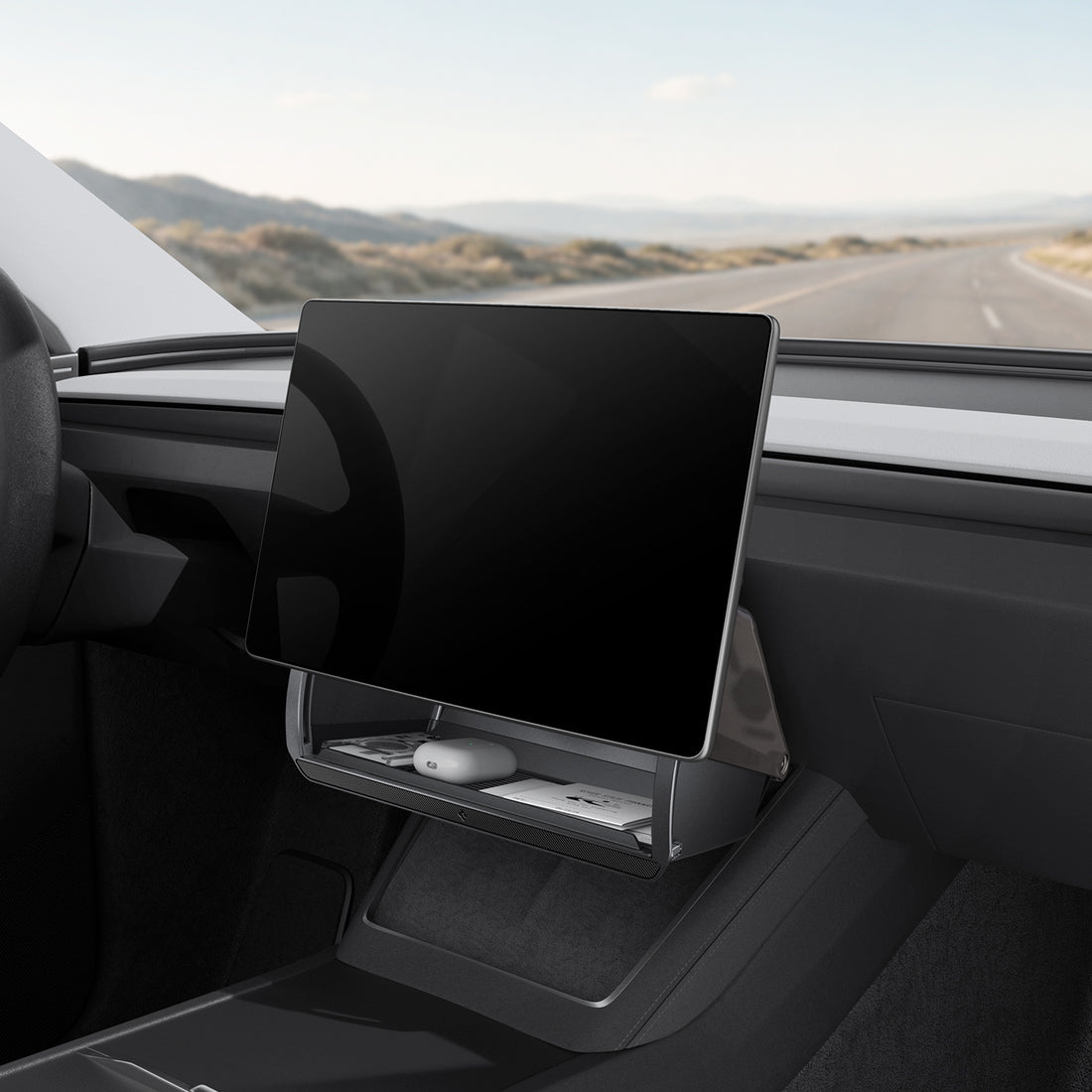 ACP11105 - Tesla Series - Under Screen Organizer | TO227JH showing under screen organizer installed below Tesla touchscreen with airpods case and cards stored inside