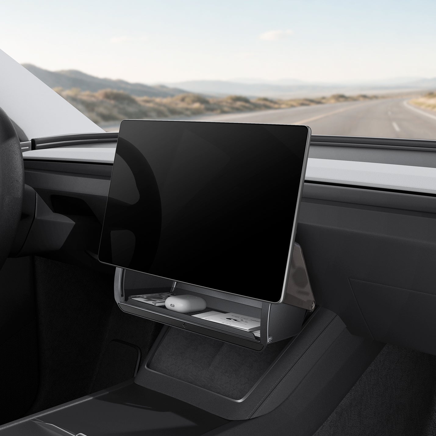 ACP11105 - Tesla Series - Under Screen Organizer | TO227JH showing under screen organizer installed below Tesla touchscreen with airpods case and cards stored inside