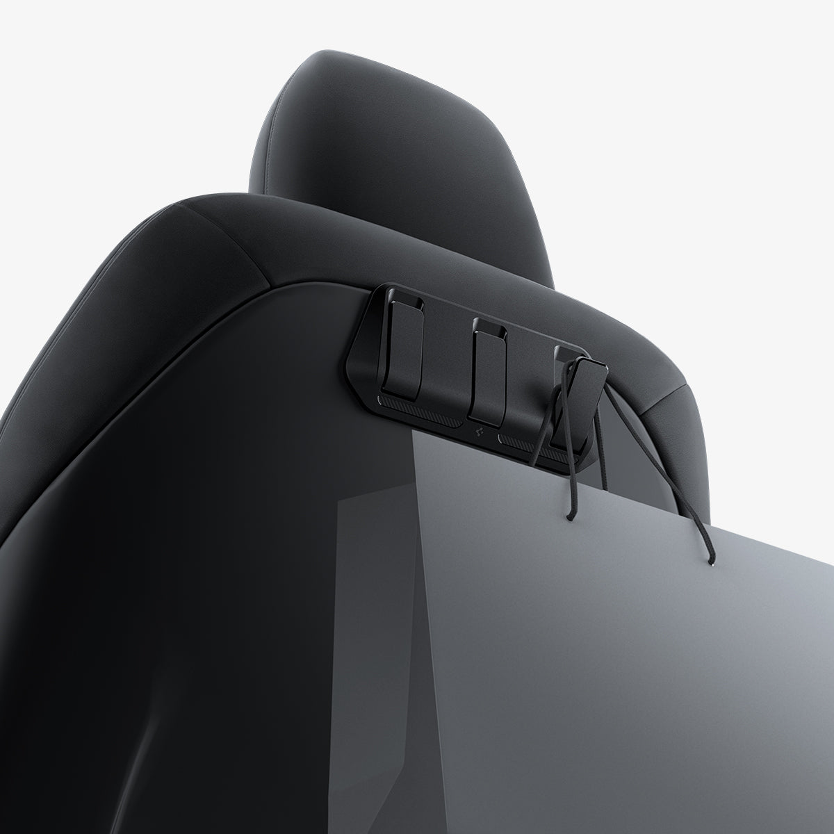 ACP09201 - Tesla Model 3 (2017-2023) Car Seat Hook TO283 in Black showing the front, partial side and bottom with 2 hook closed and 1 used for hanging paper bag