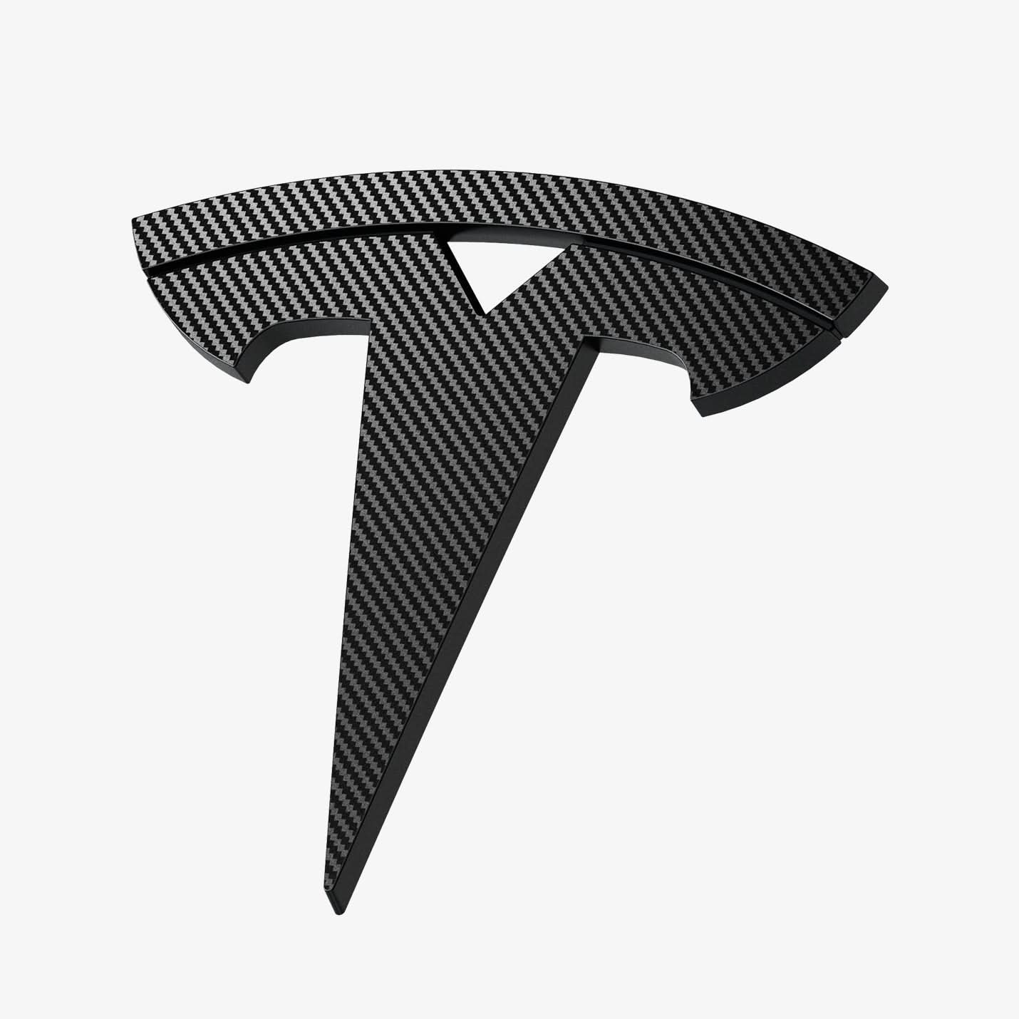 ACP08548 - Tesla Model 3 Highland Front Emblem Logo Cover TO321H in Carbon showing the front and partial side