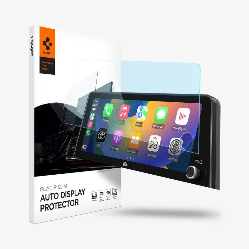 AGL07611 - Toyota Prius 12.3-inch Screen Protector GLAS.tR SLIM Anti-Glare in Clear Matte showing the front of screen protector hovering in front of a device beside it is the packaging