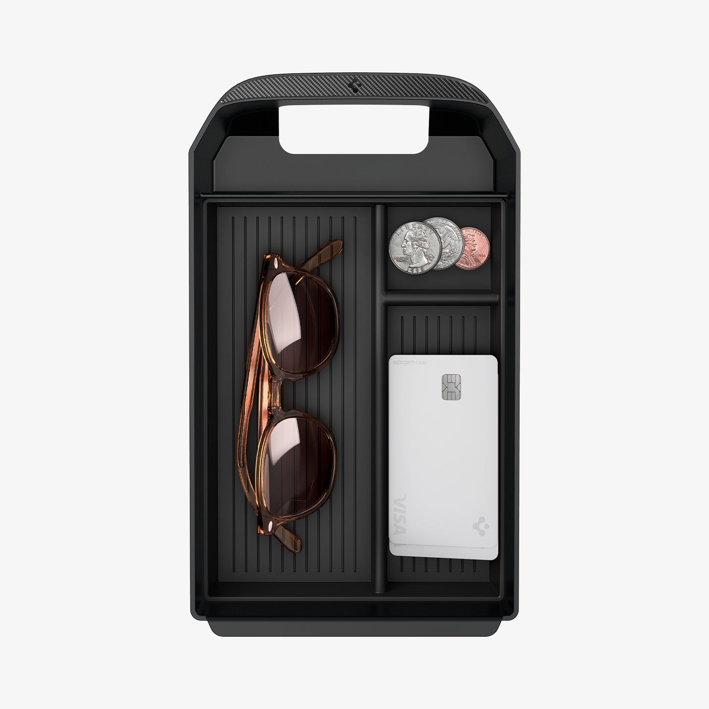 ACP08895 - Toyota Armrest Console Organizer TYO220 in Black showing the front with multiple items stored inside the organizer