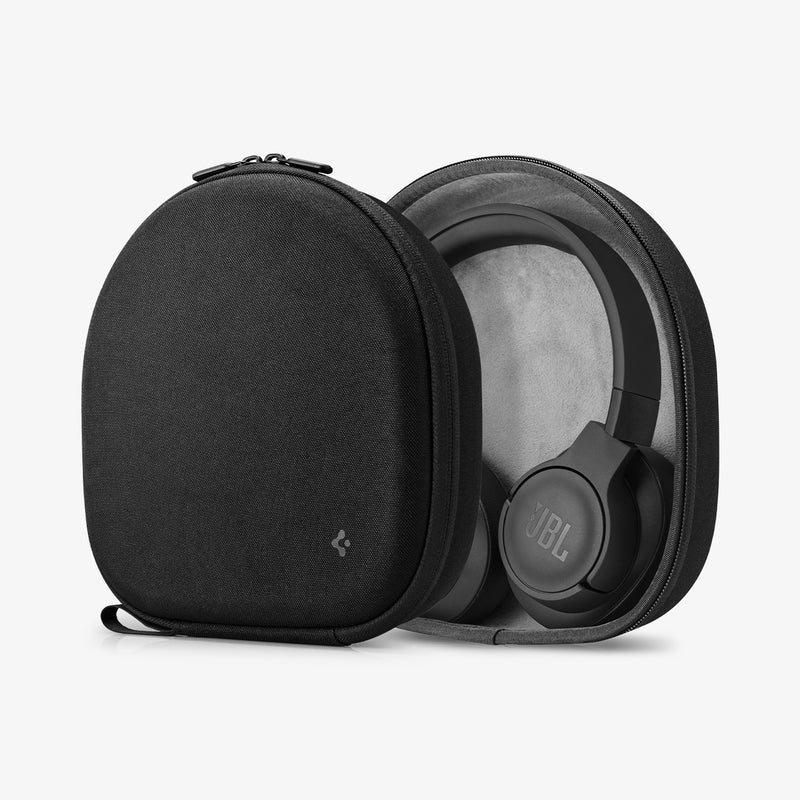 AFA07483 - Universal Headphone Klasden Pouch in Black showing the front and inner of the case with headphone inside
