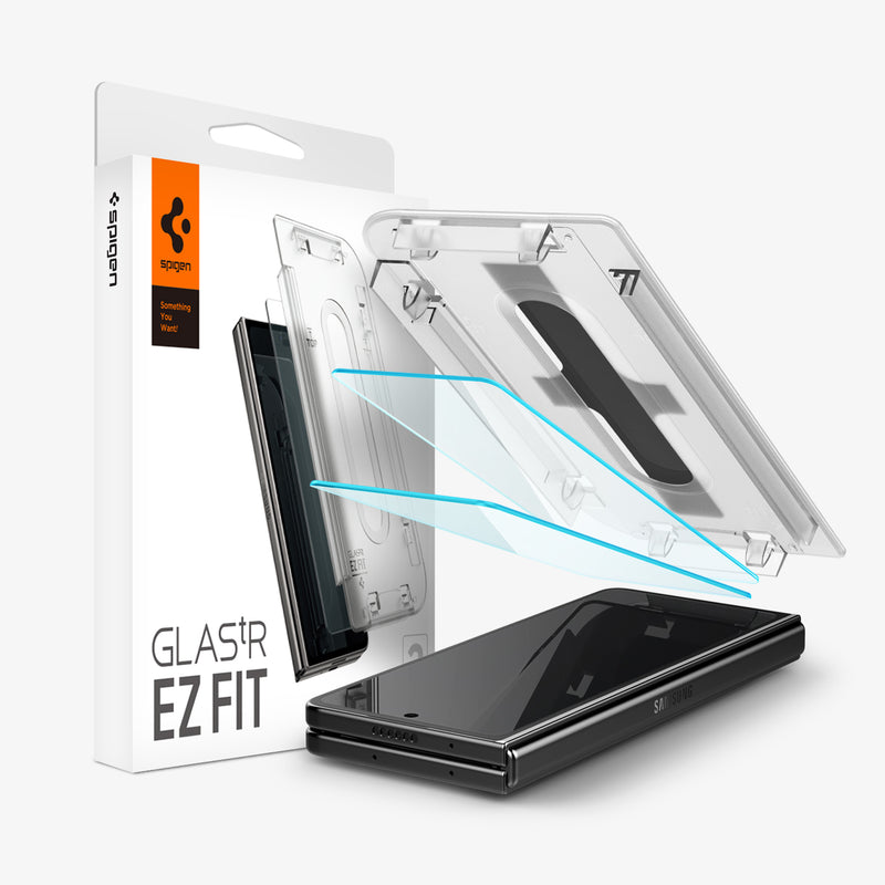 AGL06523 - Galaxy Z Fold 5 Series Screen Protector EZ FIT GLAS.tR showing the device, two screen protectors, ez fit tray and packaging