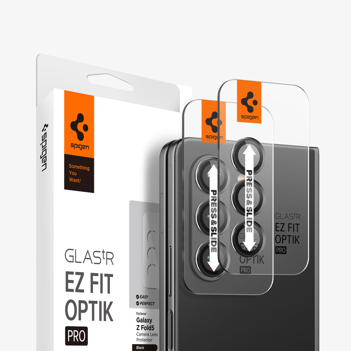 AGL06524 - Galaxy Z Fold 5 Series Optik Pro Lens Protector showing the device, two lens protectors and packaging