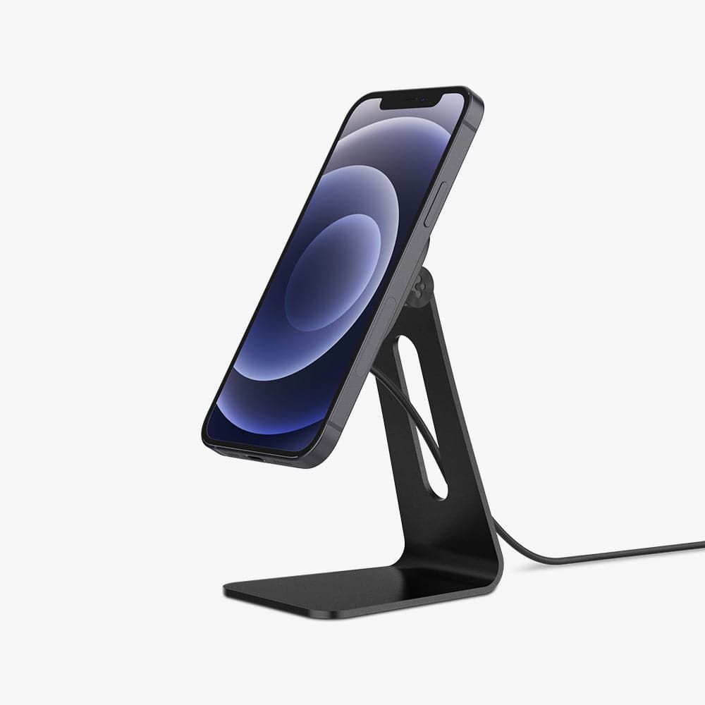 ACH02574 - OneTap Pro Wireless Magnetic Charging Stand (MagFit) in black showing the front and side with device connected