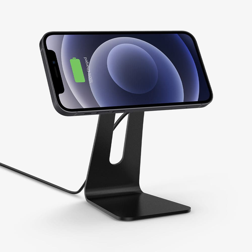 ACH02574 - OneTap Pro Wireless Magnetic Charging Stand (MagFit) in black showing the front with device connected horizontally