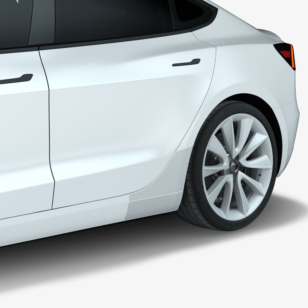 AFL06195 - Tesla Model 3 Platinum Shield Fender showing the front side angle of shield on car fender