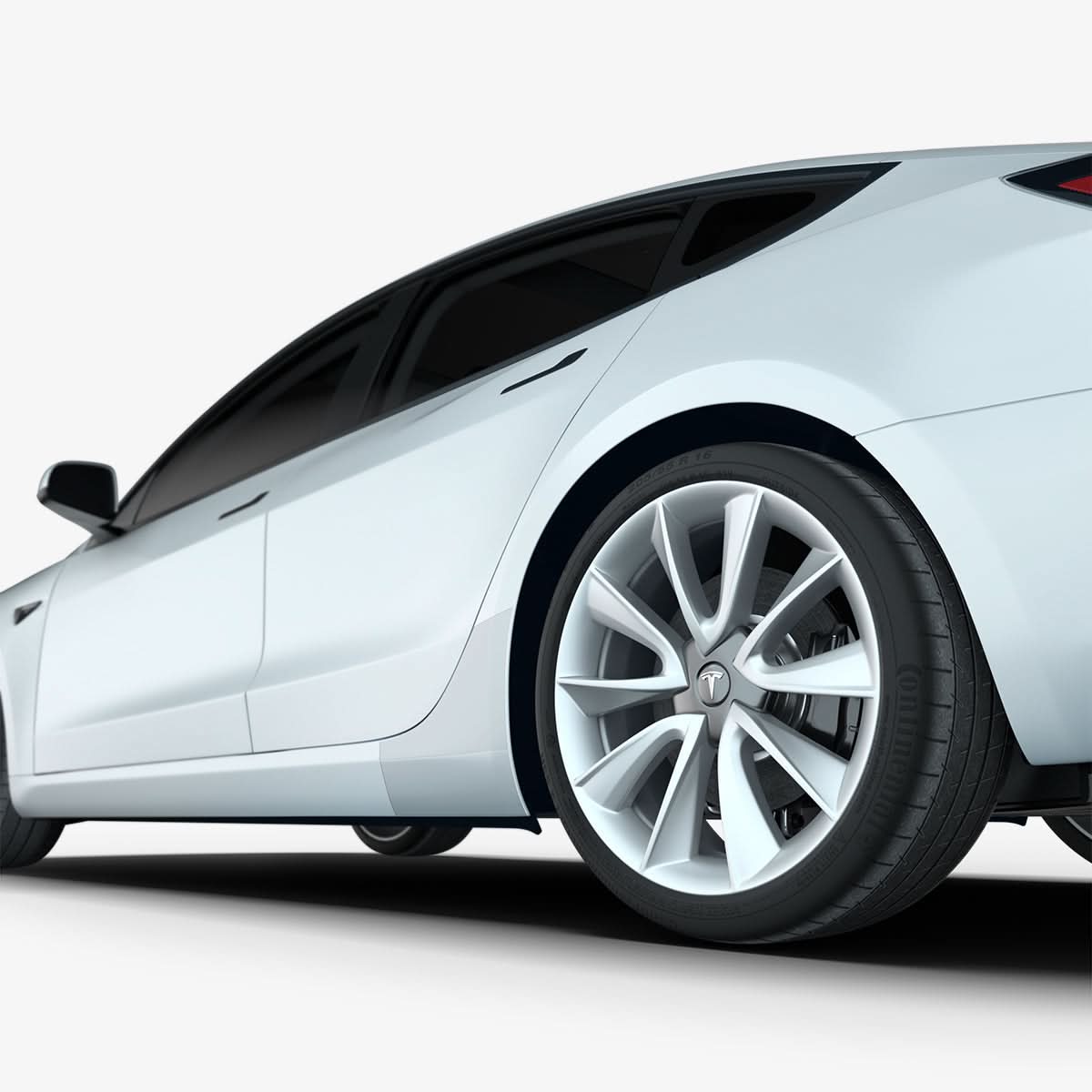 AFL06195 - Tesla Model 3 Platinum Shield Fender showing the side bottom view of shield on car fender