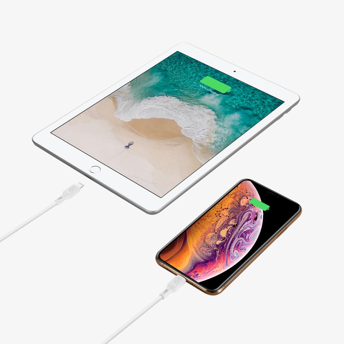 000CA25416 - DuraSync USB-C to Lightning Cable in white showing the two chargers charging a phone and tablet