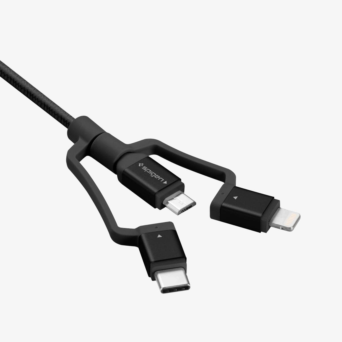 000CB22774 - DuraSync 3-in-1 Charger Cable in black showing the USB output and the Micro, lightning, and USB-C output