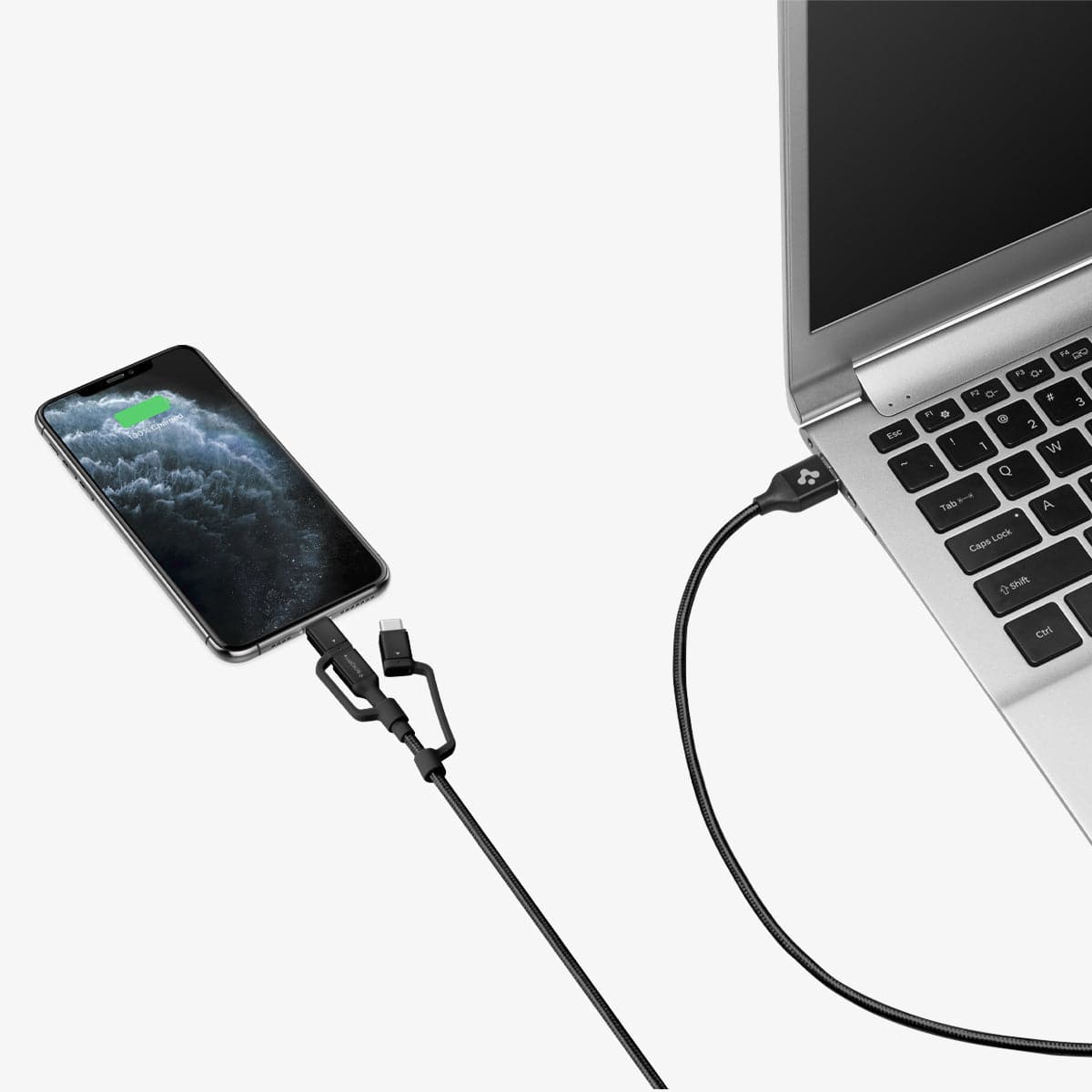 000CB22774 - DuraSync 3-in-1 Charger Cable in black showing the cable plugged into a laptop and charging a device