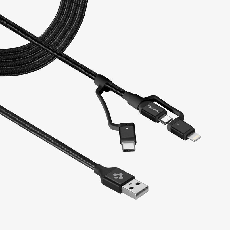 000CB22774 - DuraSync 3-in-1 Charger Cable in black showing the USB output and the Micro, lightning, and USB-C output