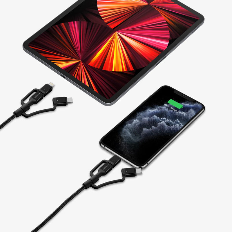 000CB22774 - DuraSync 3-in-1 Charger Cable in black showing the charging a device and another cable hovering in front of tablet charging plug
