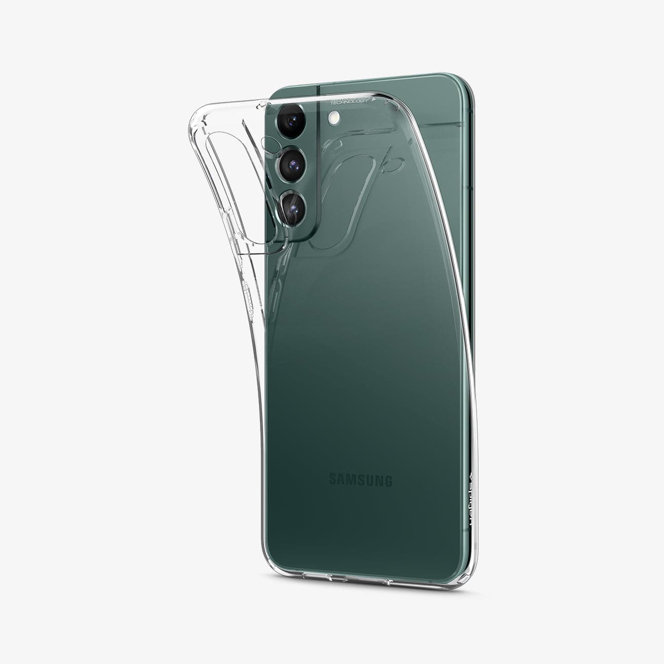 ACS03950 - Galaxy S22 Plus 5G Case Liquid Crystal in crystal clear showing the back with case bending away from device to show the flexibility