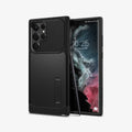 ACS03943 - Galaxy S22 Ultra 5G Case Slim Armor in black showing the back and front with s pen leaning against device