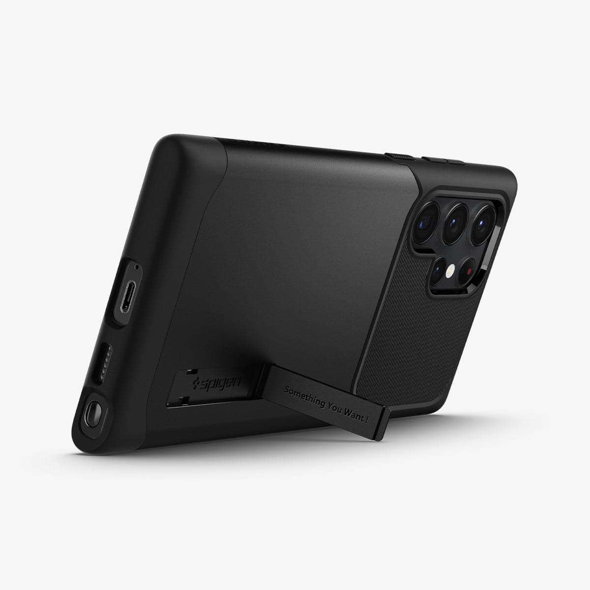 ACS03943 - Galaxy S22 Ultra 5G Case Slim Armor in black showing the back and bottom with device propped up by built in kickstand