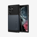 ACS03944 - Galaxy S22 Ultra 5G Case Slim Armor in metal slate showing the back and front with s pen leaning against device