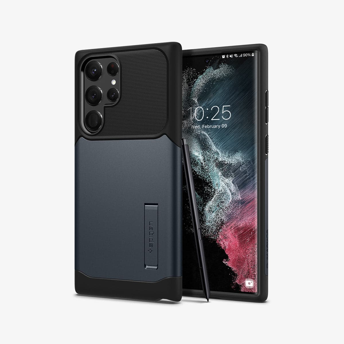 ACS03944 - Galaxy S22 Ultra 5G Case Slim Armor in metal slate showing the back and front with s pen leaning against device