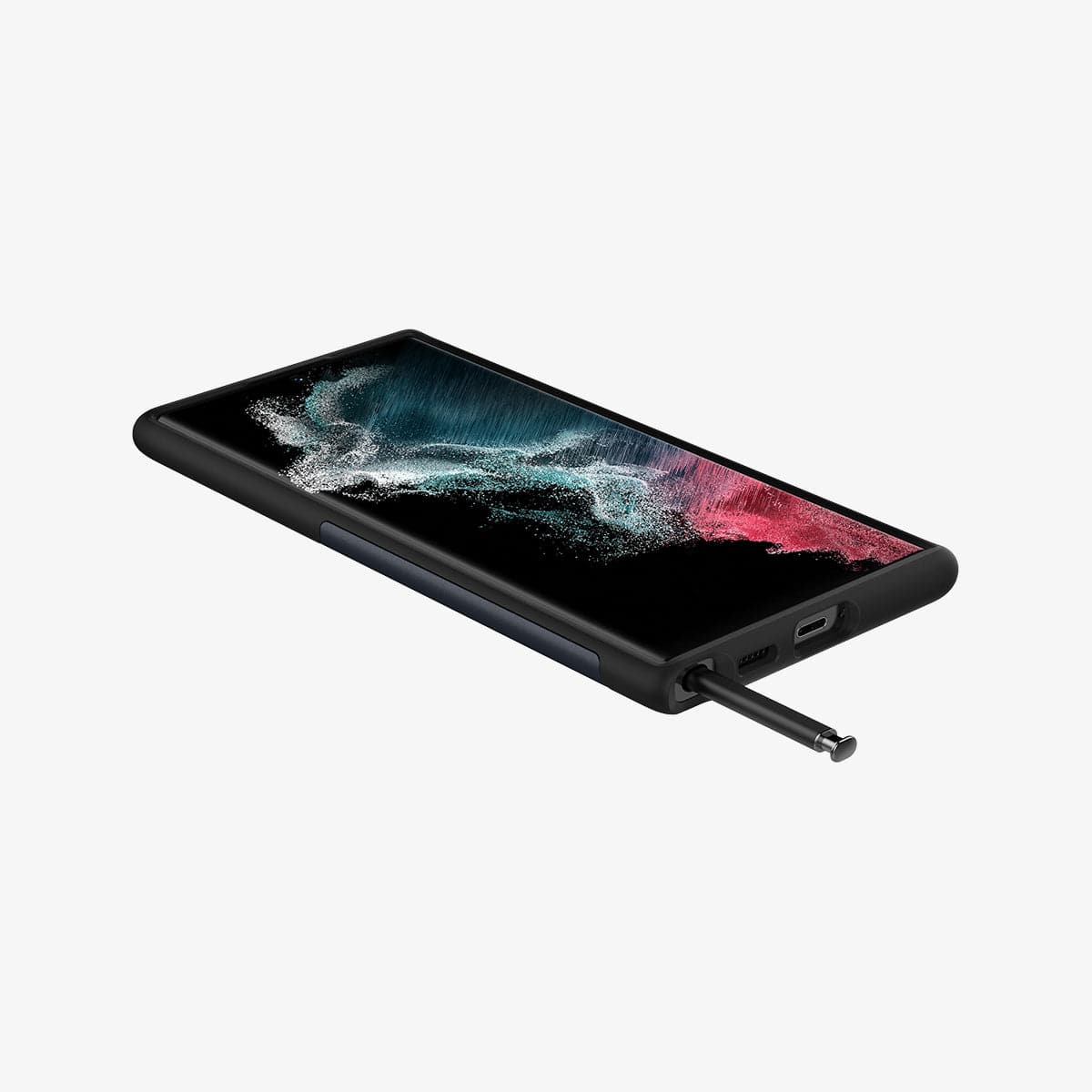 ACS03944 - Galaxy S22 Ultra 5G Case Slim Armor in metal slate showing the front, side and bottom with s pen sticking out of slot