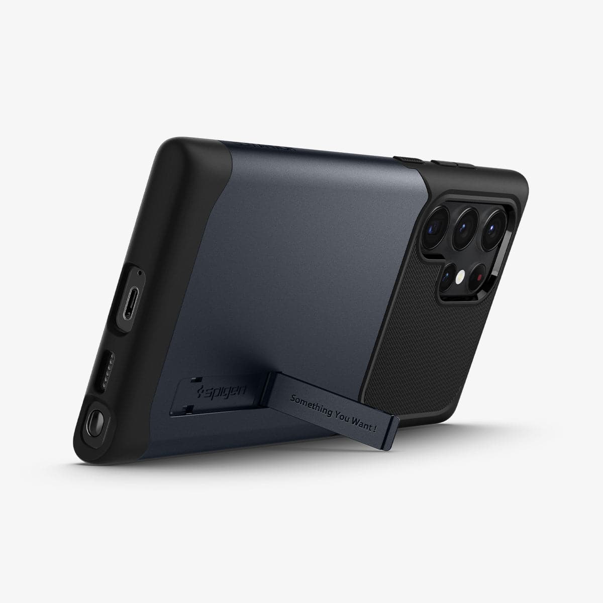 ACS03944 - Galaxy S22 Ultra 5G Case Slim Armor in metal slate showing the back and bottom with device propped up by built in kickstand
