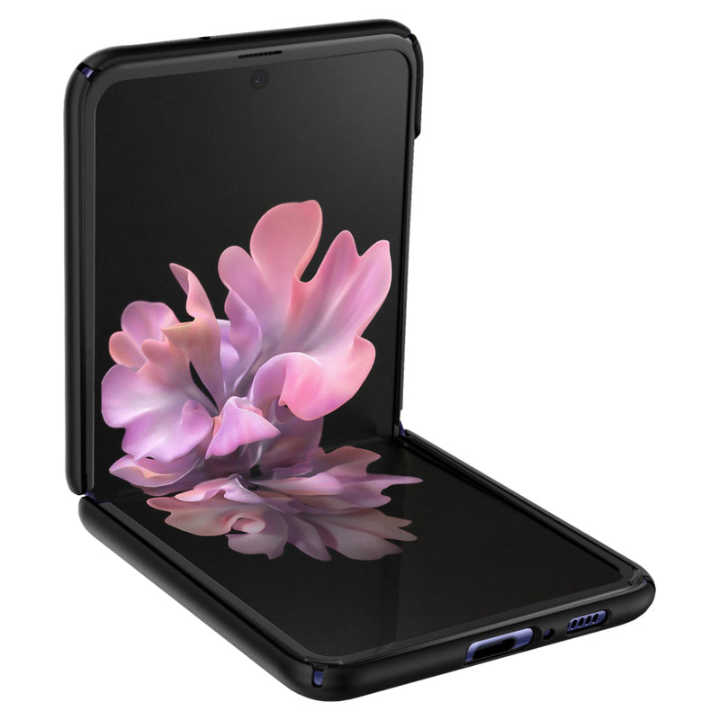 ACS01033 - Galaxy Z Flip Case Thin Fit in black showing the front and side with device half open