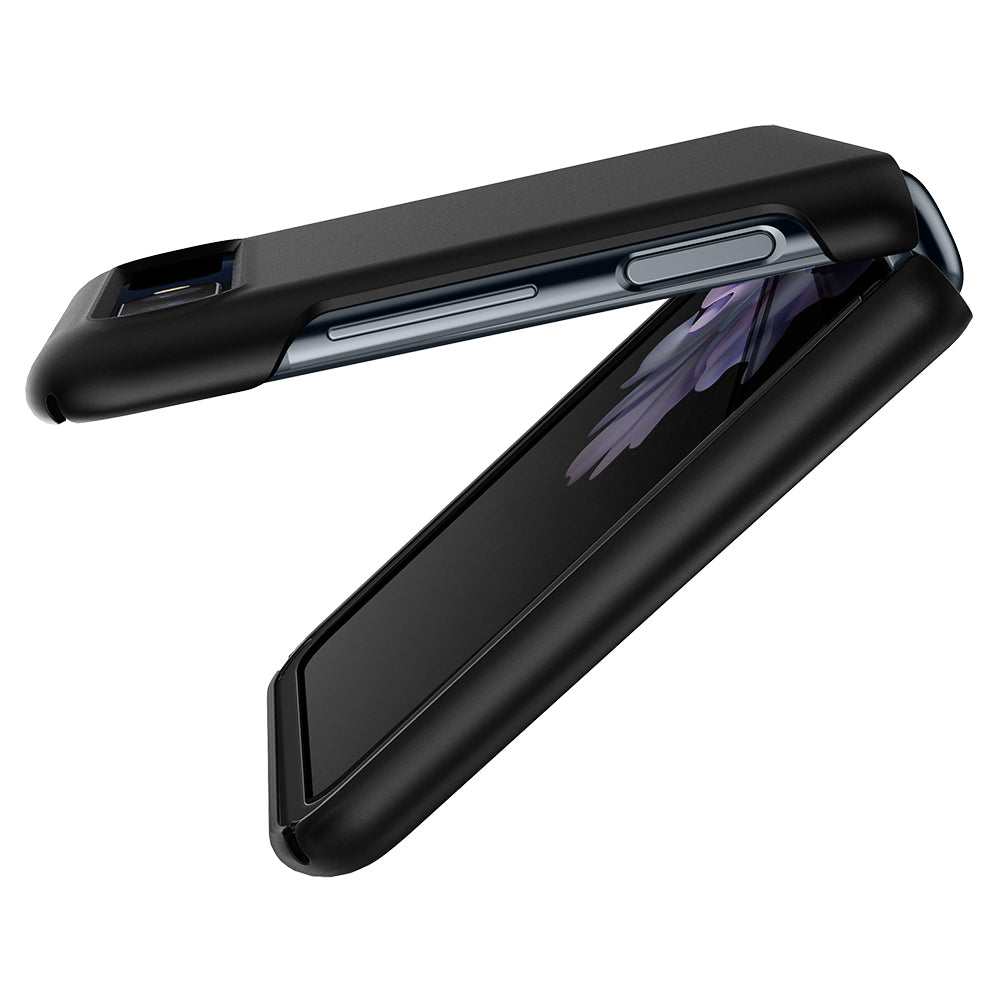 ACS01033 - Galaxy Z Flip Case Thin Fit in black showing the side and partial front with device slightly open